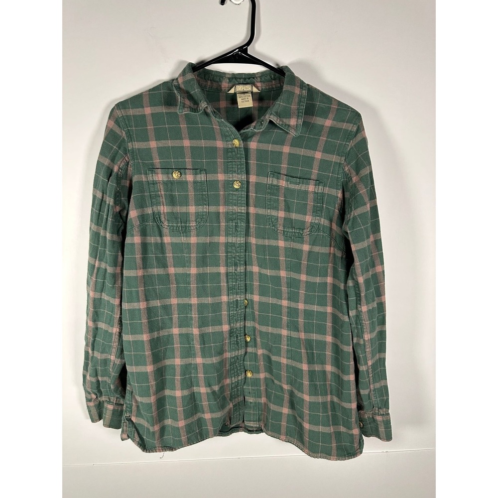 Duluth Trading Co Flannel Shirt Womens S Green Pink Plaid Long Sleeve Button Up